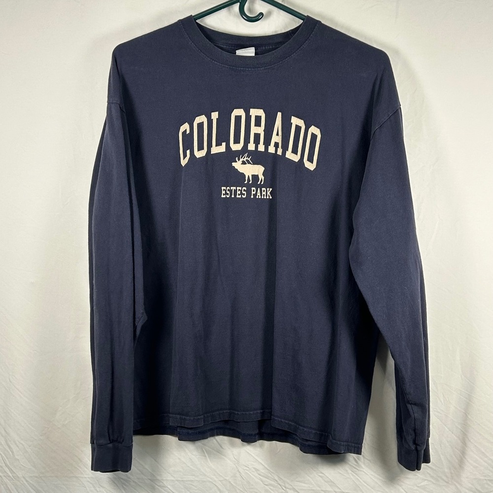 Anvil Long Sleeve T-Shirt Mens 2XL Navy Colorado Estes Park Elk Y2K Vintage
